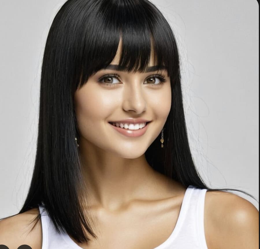 A precision cut with blunt bangs styled at Bangs Salon